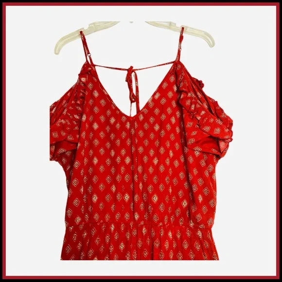 BAND OF GYPSIES RED PRINT COLD SHOULDER ROMPER S - Picture 4 of 9